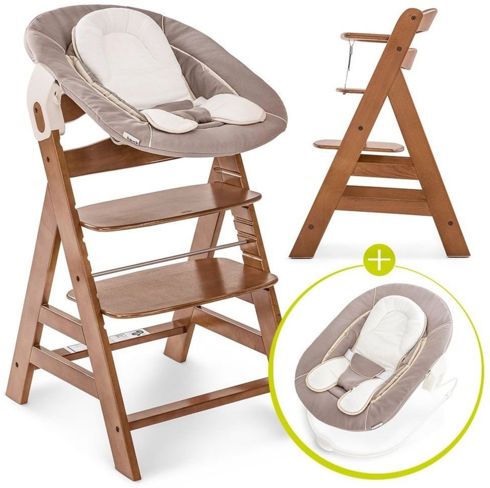 Hauck Hochstuhl Alpha Plus Walnut - Newborn Set (Set, 4 St), Holz Babystuhl ab Geburt mit Aufsatz für Neugeborene höhenverstellbar Bild 1