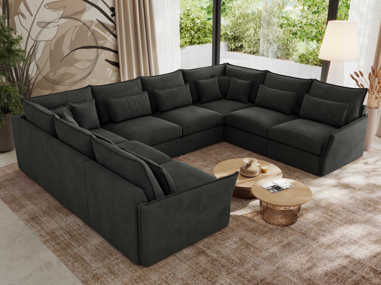 Modulares U-förmiges Wohnzimmer-Ecksofa, XXL Ecksofa mit Armlehnen, Wohnlandschaft, Universal-Ecksofa mit lockeren Kissen - VERSO U 8M - Dunkelgrau Velours Bild 1