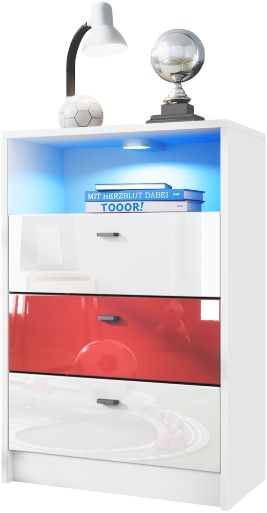 Vladon Kommode Pino V2 Fußball Bundesliga Fanartikel z. B. Stuttgart, Kinderzimmer Anrichte in Weiß matt mit 3 Schubladen in Weiß, Rot & Weiß Hochglanz inkl. LED (56 x 86,5 x 36 cm) Bild 1