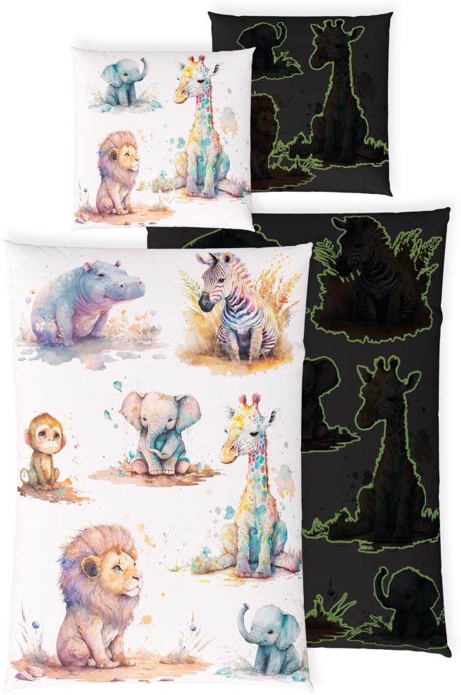 Carpe Sonno Kinderbettwäsche 135x200 Tier Bettwäsche Leuchtend Bettbezug Junge Mädchen Kinder Glow, Renforcé, 2 teilig, GLOW IN THE DARK Kinder Bettwaren Bettbezüge Tiermotiv Bild 1