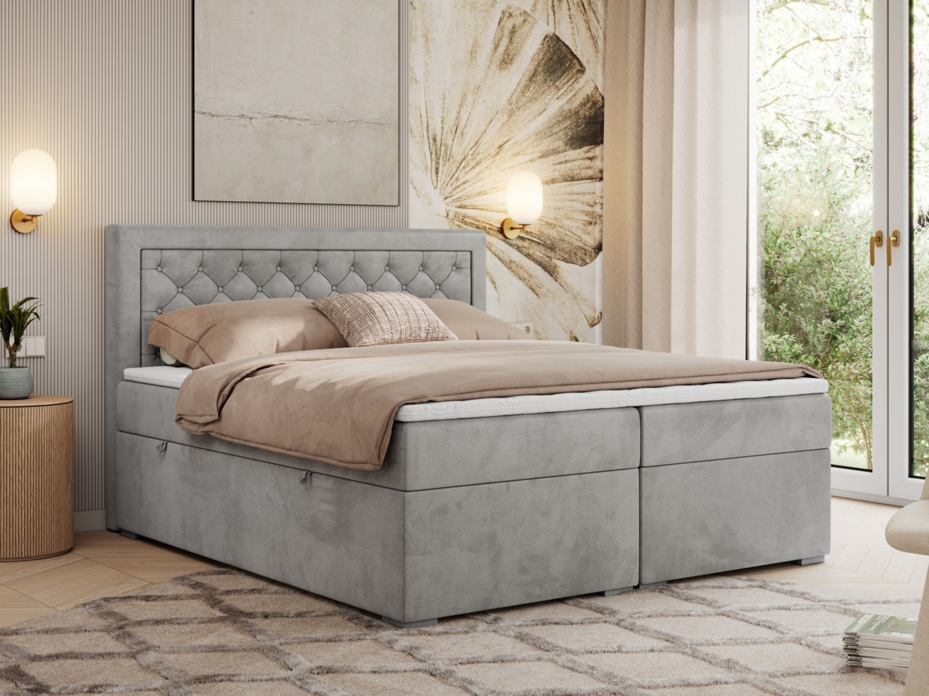 Boxspringbett, Modern Bett mit Multipocket-Matratze und zwei Bettkästen - JASIR - 140 x 200 cm - Hellgrau Velvet - H4 Bild 1