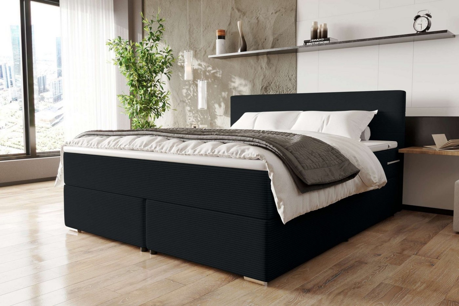 99rooms 'Phönix' Boxspringbett, Schwarz, 140x200 cm, Cordstoff POSO Bild 1