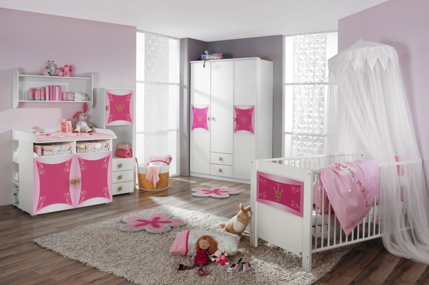 Babyzimmer Kate in Weiß- Rosa 7 teilig mit Kleiderschrank, Kinderbett Babyett mit Lattenrost und Umbauseiten, Wickelkommode und Regalen - Kinderzimmer komplett Set von Rauch Möbel - MD110006 Bild 1