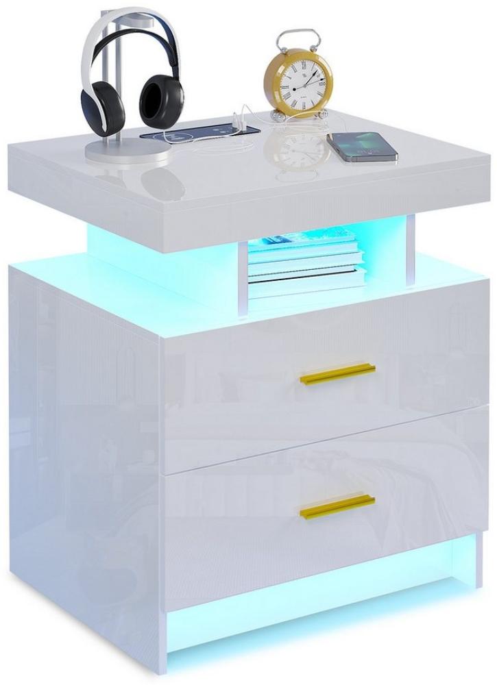 LVifur Nachttisch mit LED-Licht und Sensor, 2 Schubladen, USB&Type-C, kabelloses Laden (1-St), 3 Farben Dimmbares Licht, 40T x 50B x 58H cm, Hochglanz Weiß Bild 1