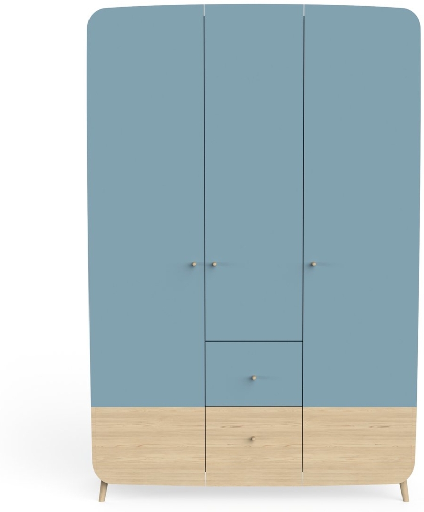 Calicosy Kleiderschrank 3 Türen und 4 Schubladen Blau-Orage und Naturholzdekor - FIRMIANA - Blau Bild 1