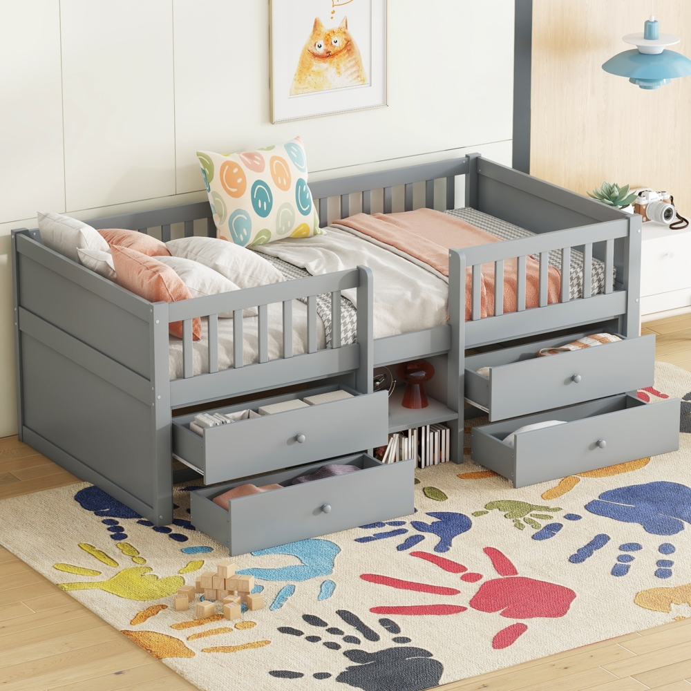 Halbhohes Kinderbett 90x200 cm, Hochbett mit 4 Schubladen, Sicherheitsgeländer, Leiter, Kinderzimmer Bett, Stauraumbett ,Weiß Bild 1