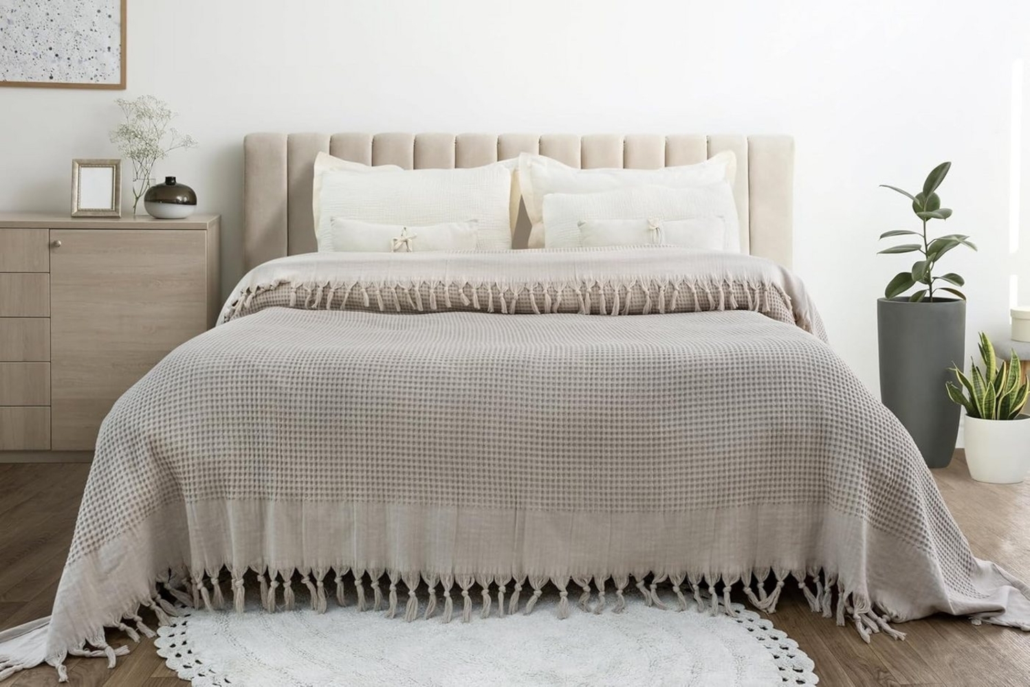 BOHORIA Tagesdecke Tagesdecke Santorini Sepia 220x240 cm Waffeloptik Überwurf Sofadecke Bild 1