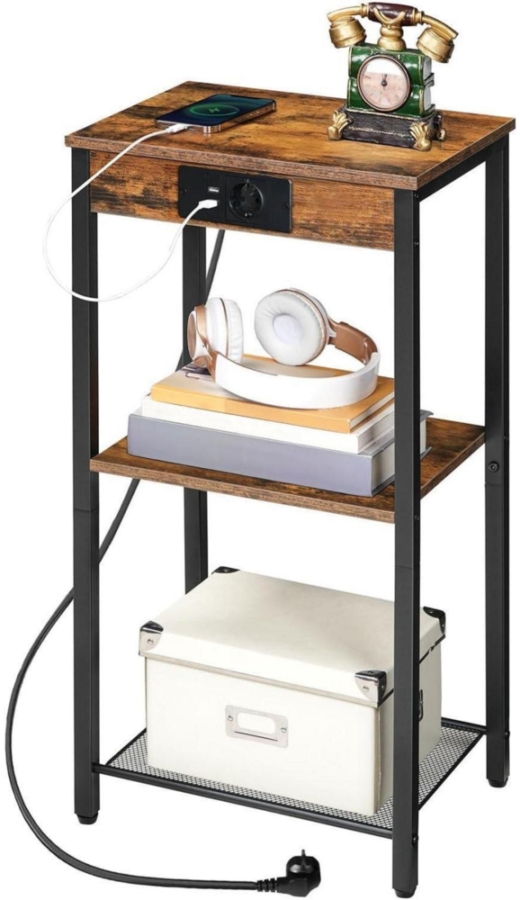 Beistelltisch mit Ladestation 3 Ebenen Nachttisch Vintagebraun Schwarz Bild 1