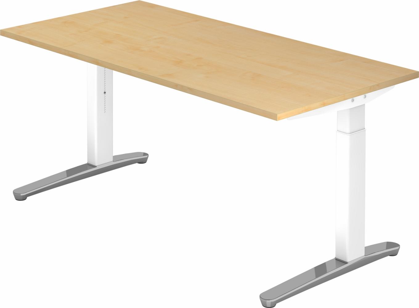 bümö® Design Schreibtisch XB-Serie höhenverstellbar, Tischplatte 160 x 80 cm in Ahorn, Gestell in weiß/alu poliert Bild 1