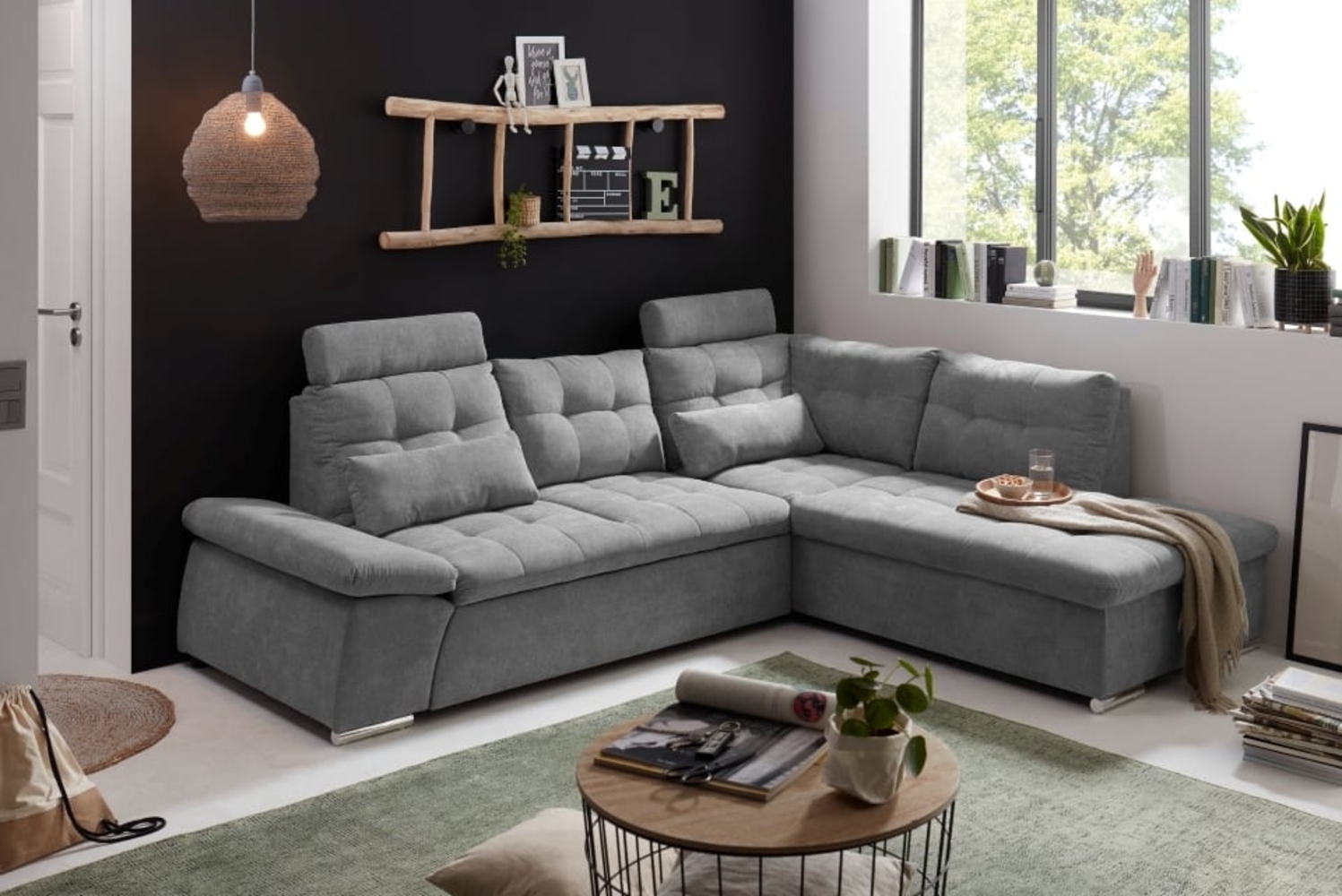 Ecksofa Nalo XL Couch Schlafcouch Bettsofa Schlafsofa Sofabett Funktionssofa ausziehbar dunkelgrau Ottomane rechts L-Form Bild 1