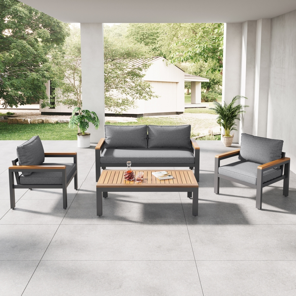 Merax Loungeset, Gartenmöbel-Set mit Rahmen aus verzinktem Stahl, (breites Set, 4-teiliges Esstisch-Set, 1x 2-Sitzer-Sofa, 2x Einzelstühle, 1x Tisch), Akazienholz Tischplatte und Armlehnen, Grau Bild 1