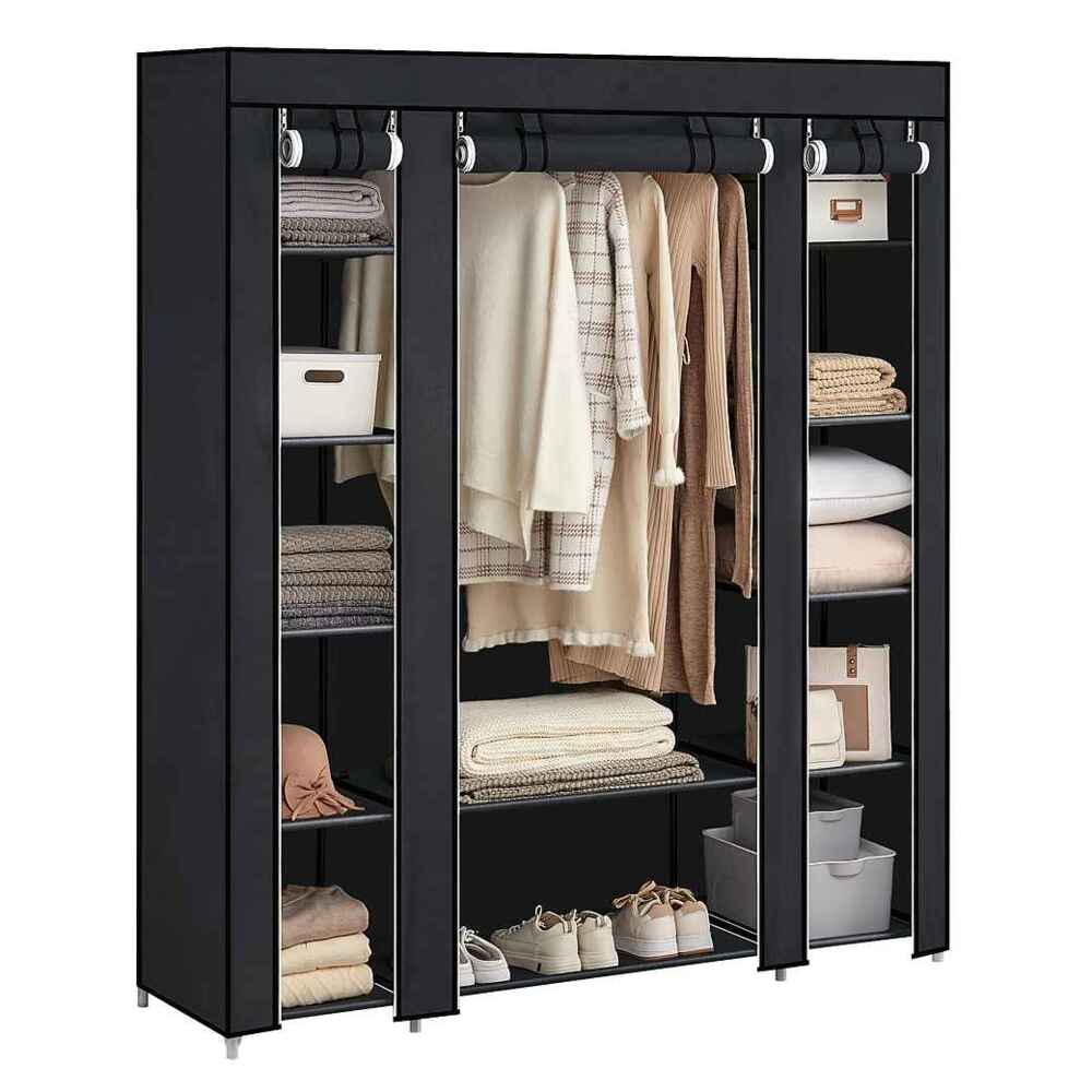 SONGMICS Kleiderschrank, 2er Set, Stoffschrank, mit Kleiderstange und Ablagen, Stoffüberzug schwarz, 150 x 45 x 175 cm Bild 1