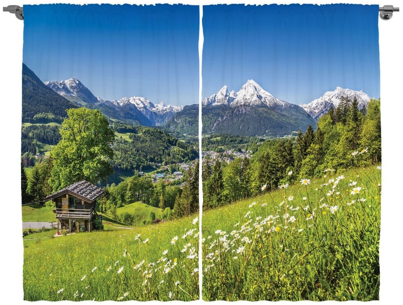 Abakuhaus Gardine Schlafzimmer Kräuselband Vorhang mit Schlaufen und Haken, Natur Bayerische Alpen Tal Photo Bild 1