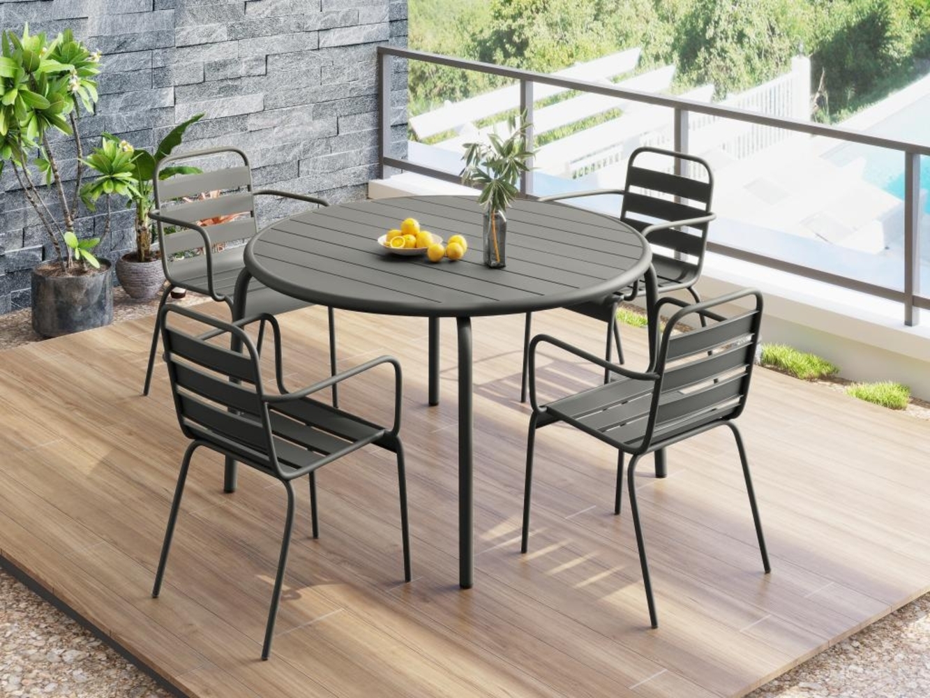 Vente-unique - Garten-Essgruppe: Tisch D. 110 cm + 4 stapelbare Sessel - Metall - Anthrazitgrau - MIRMANDE von MYLIA Bild 1