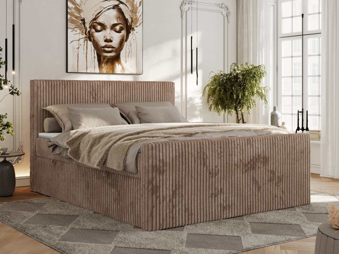 Boxspringbett, Doppelbett mit zwei Bettkästen und hohem Kopfteil aus Cordstoff - TILIANO DUO - 140 x 200 cm - Braun Cord - H4 Bild 1