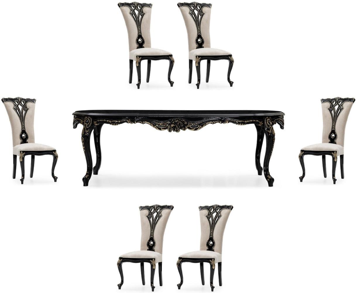 Casa Padrino Luxus Barock Esszimmer Set Creme / Schwarz / Gold - 1 Barock Esstisch & 6 Barock Esszimmerstühle - Luxus Esszimmer Möbel im Barockstil - Prunkvolle Barock Esszimmer Möbel Bild 1