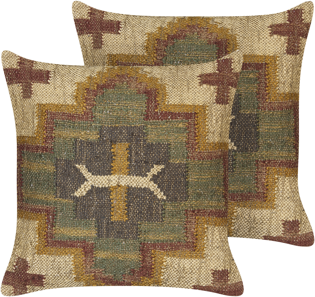 Kissen 2er Set PULICAT Jute 45 x 45 cm Geometrisches Muster Grün Bild 1