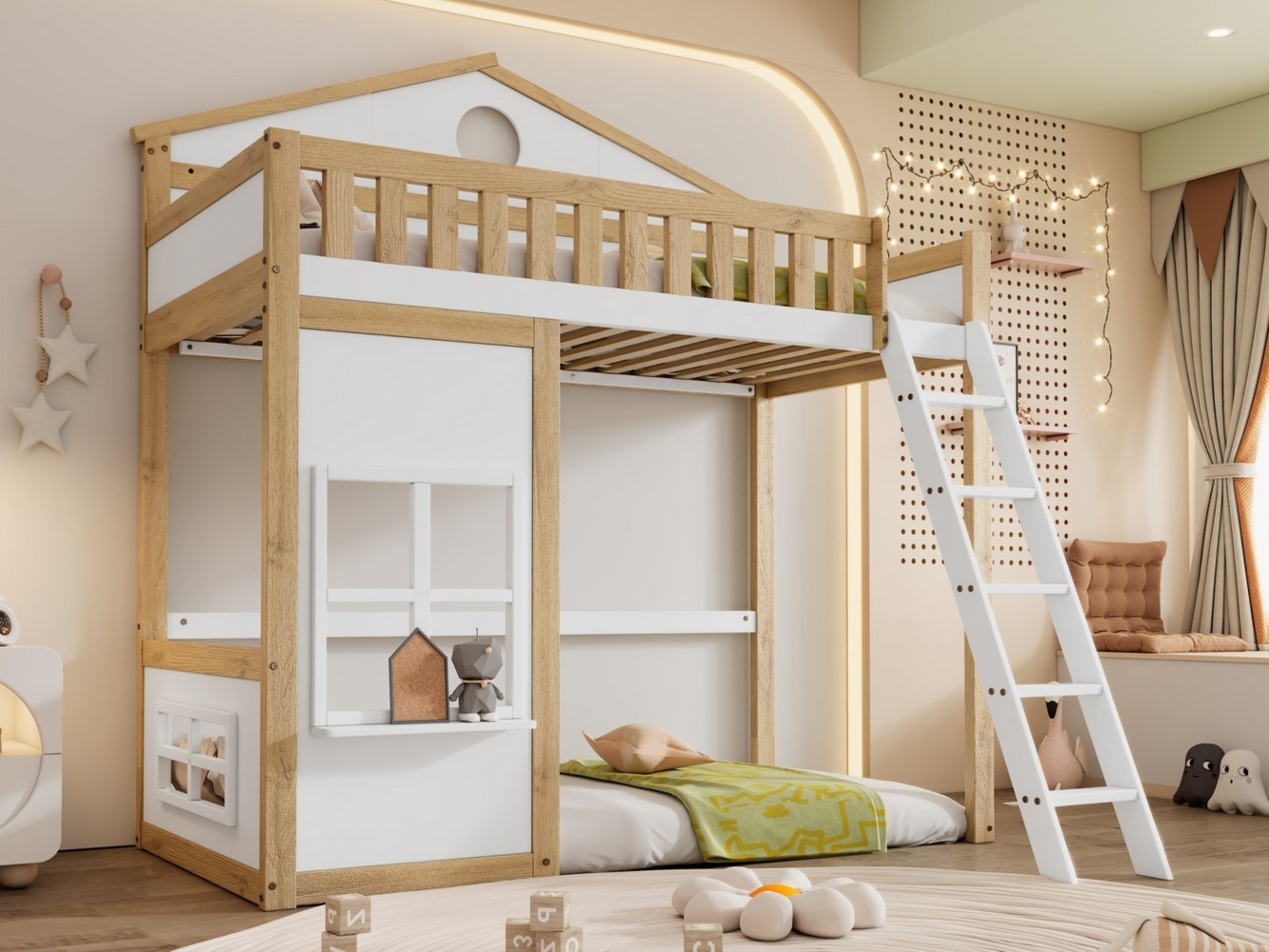 SeedWave Hochbett Holz-Hochbett im Hausstil 90x200cm, Weiß und Natur Hausbett mit Treppe und Bettgeländer Bild 1