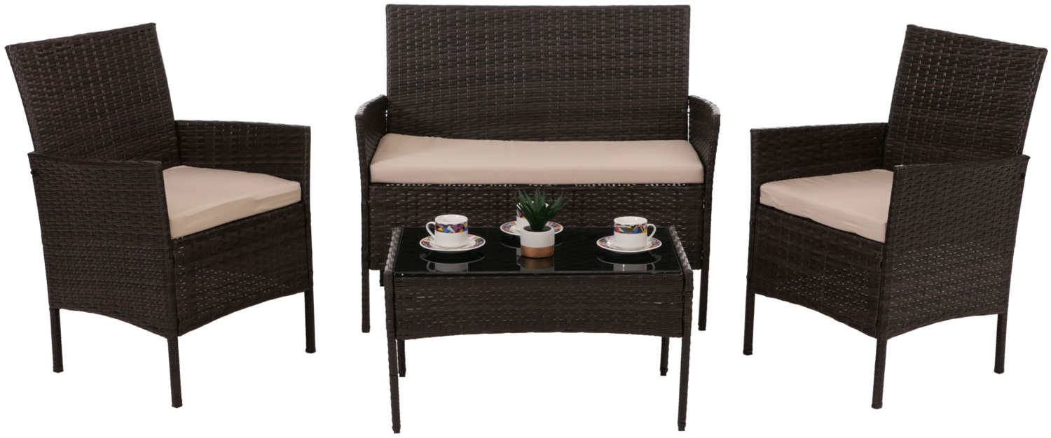 Poly-Rattan Garten-Garnitur HWC-N98, Sitzgruppe Lounge-Set, Metall Glas Stoff/Textil (180g/m²) ~ braun, Kissen creme Bild 1