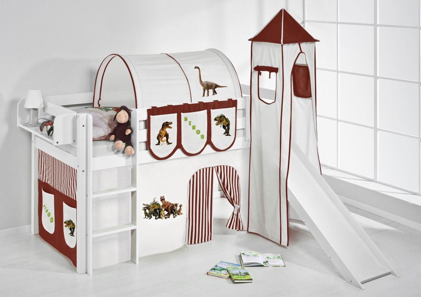 Lilokids 'Jelle' Spielbett 90 x 200 cm, Dinos Braun Beige, Kiefer massiv, mit Turm, Rutsche und Vorhang Bild 1