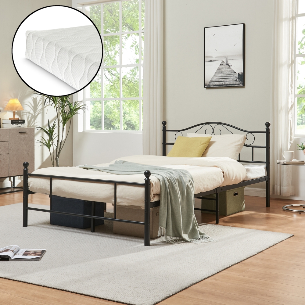 en.casa 'Florenz' Metallbett, Einzelbett 120x200 cm, schwarz, mit Matratze und Lattenrost Bild 1