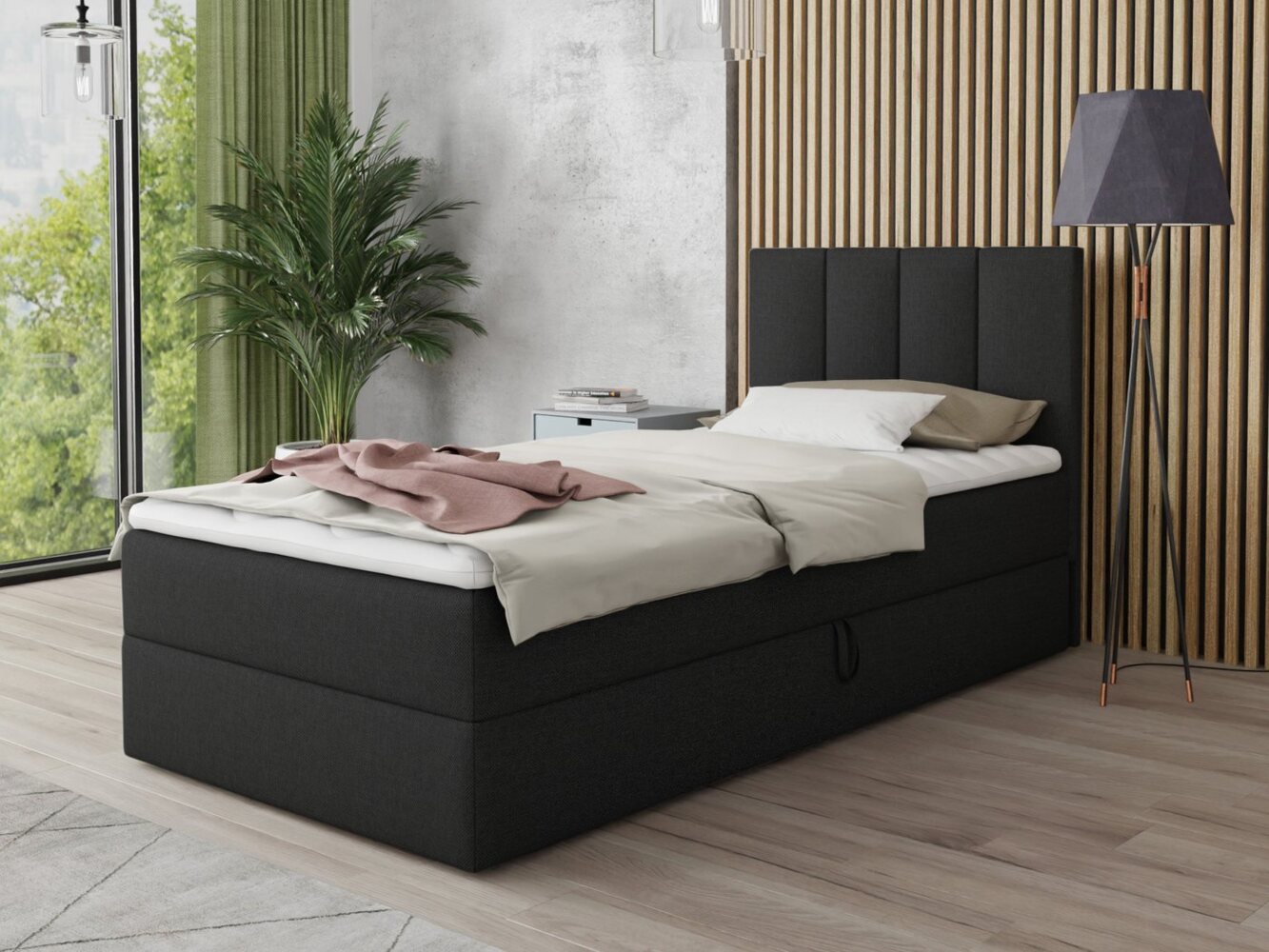 Boxspringbett Star Mini mit Bettkasten, Bonell-Matratze und Topper - Einzelbett mit Matratzentopper, Polsterbett, Bett, Schlafzimmer, Jugendzimmer (Schwarz (Inari 100), 120 x 200 cm) Bild 1