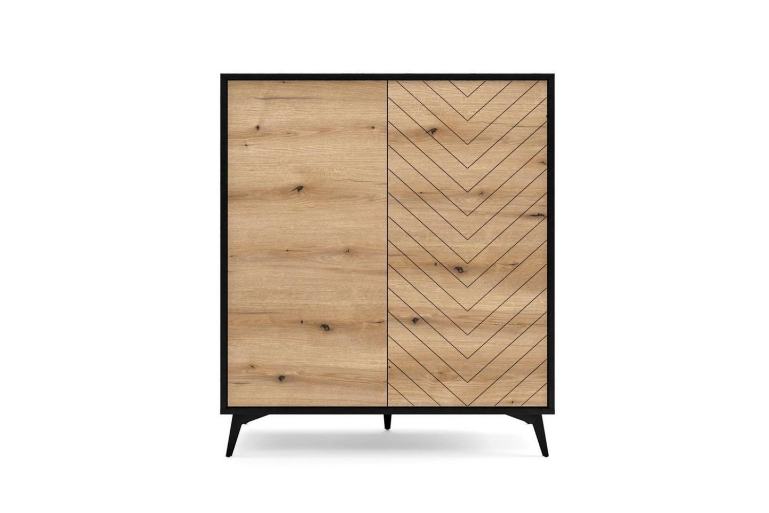 MOEBLO Kommode Onyks KD104 (Sideboard Wohnzimmer Kommode Schlafzimmer Komodenschrank Highboard, schwarz/eiche Evoke Fischgrät, moderne Design) Bild 1