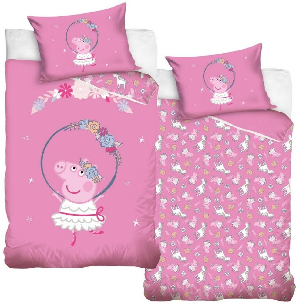 MTOnlinehandel Kinderbettwäsche Peppa Pig 100x135 + 40x60 cm, 100 % Baumwolle, 2 teilig, Babybettwäsche, Wende-Motiv mit Peppa Wutz, Blumen und Einhorn Bild 1