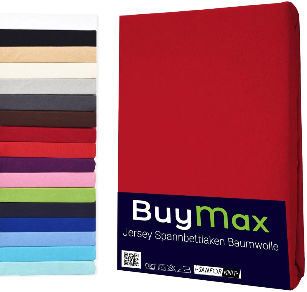 Buymax Spannbettlaken 180x200 cm Baumwolle 100% Spannbetttuch Bettlaken Jersey, Matratzenhöhe bis 25 cm, Farbe Rot Bild 1