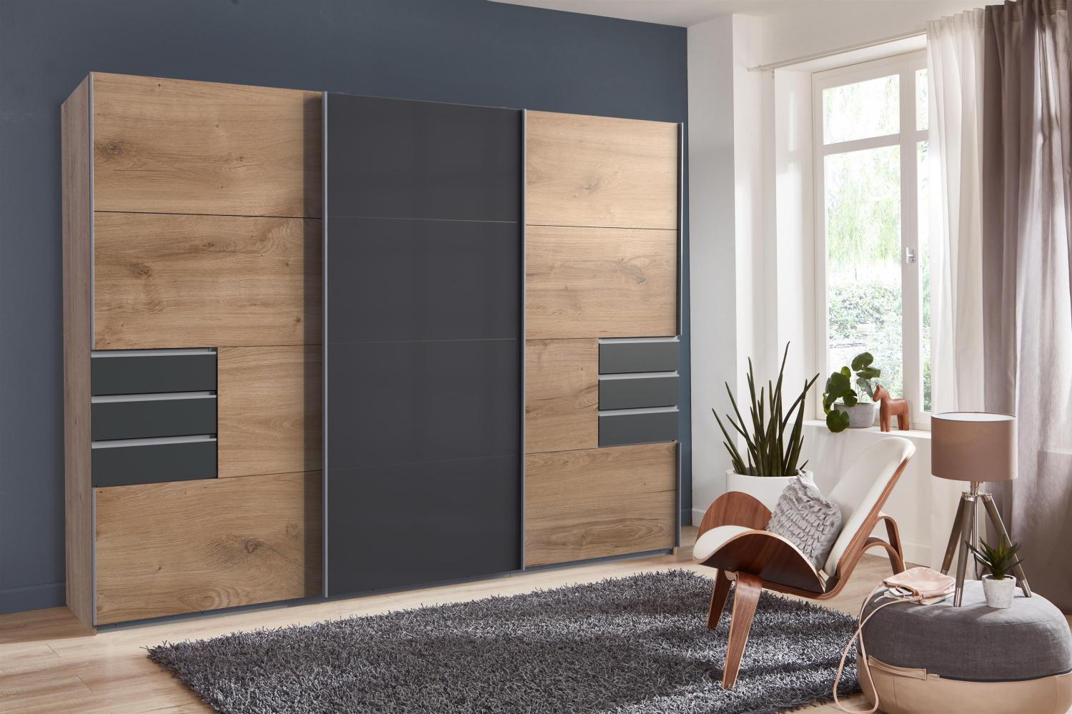 Schwebetürenschrank >Susanetta< in Plankeneiche Graphit - 270x210x64cm (BxHxT) Bild 1