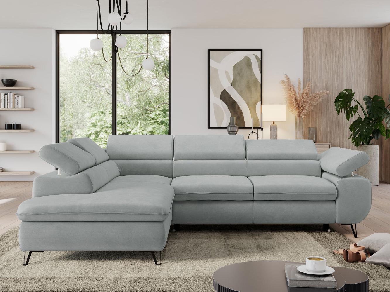 Ecksofa mit Bettfunktion, Modern Sofa, L-form, Einstellbare Kopfstützen, Bettkasten, PEDRO, 1x Ecksofa, 1x Topper, Hellgrau, Mikrofaser, links Bild 1