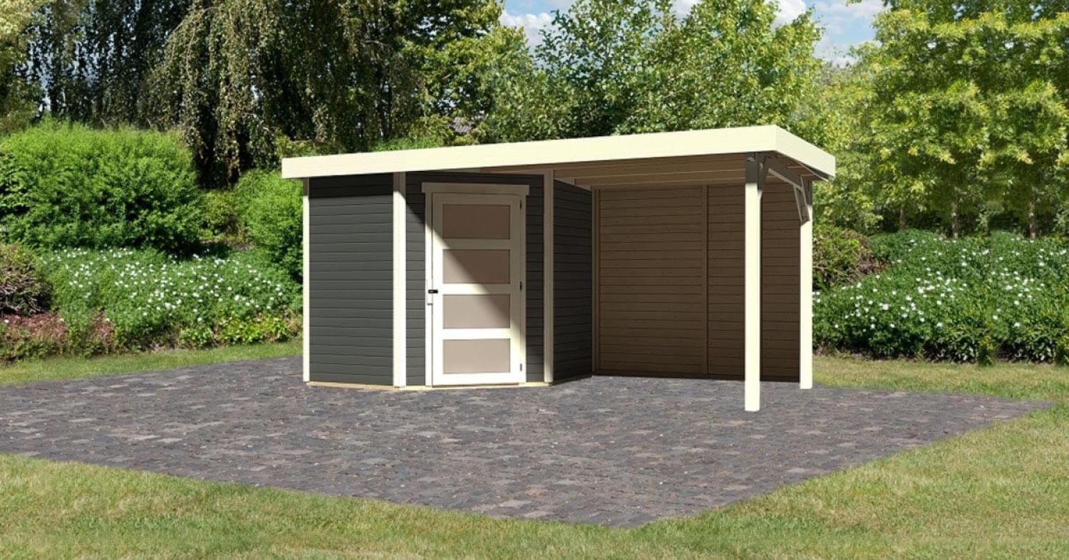 Karibu Gartenhaus 19mm Schwandorf 3 mit Anbau 2,40m Terragrau mit Rückwand Bild 1