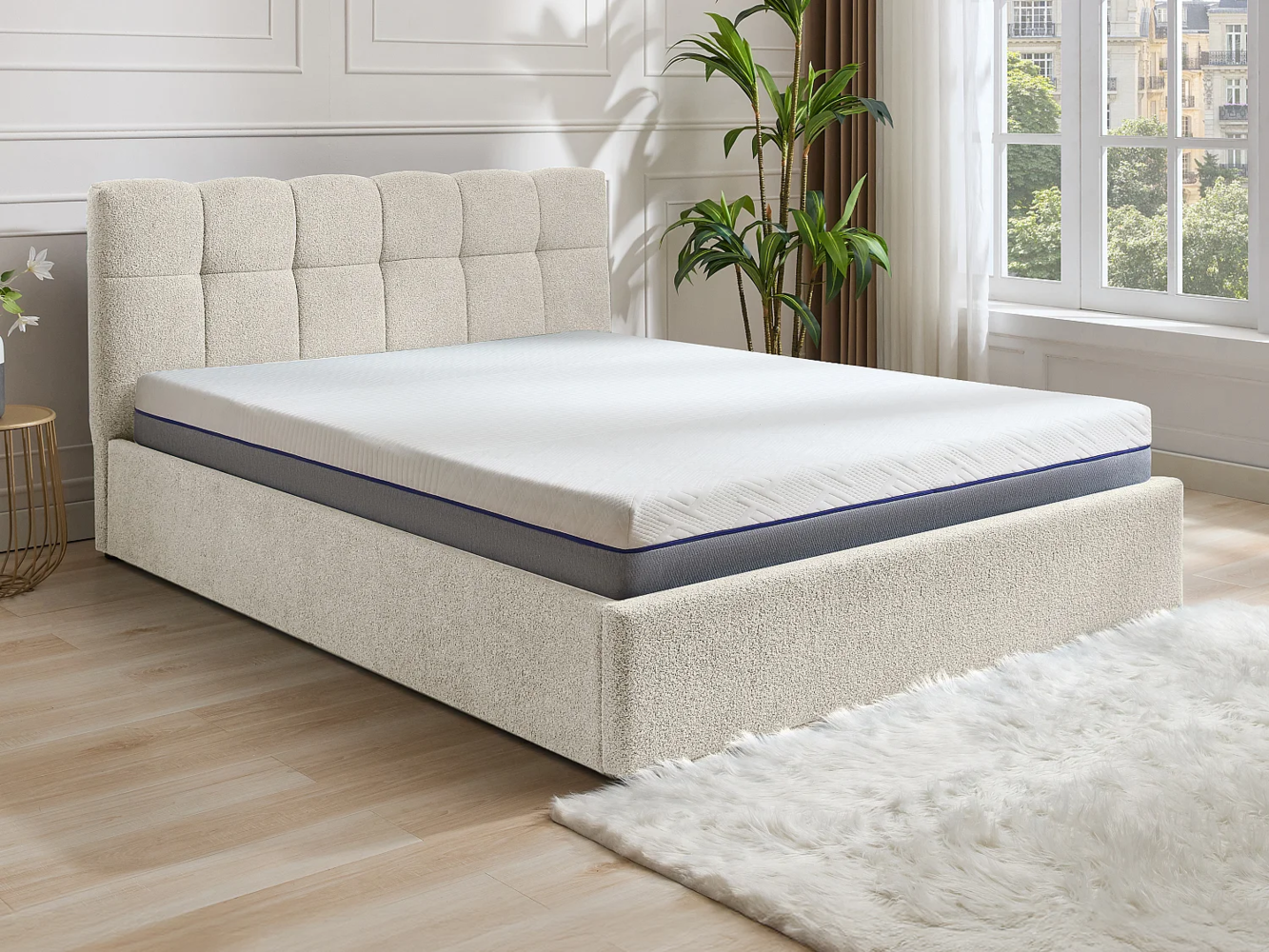 Vente-unique - Bett mit Bett mit Bettkasten - + Matratze - 140 x 190 cm - Bouclé-Stoff - Weiß - MAZIRI Bild 1