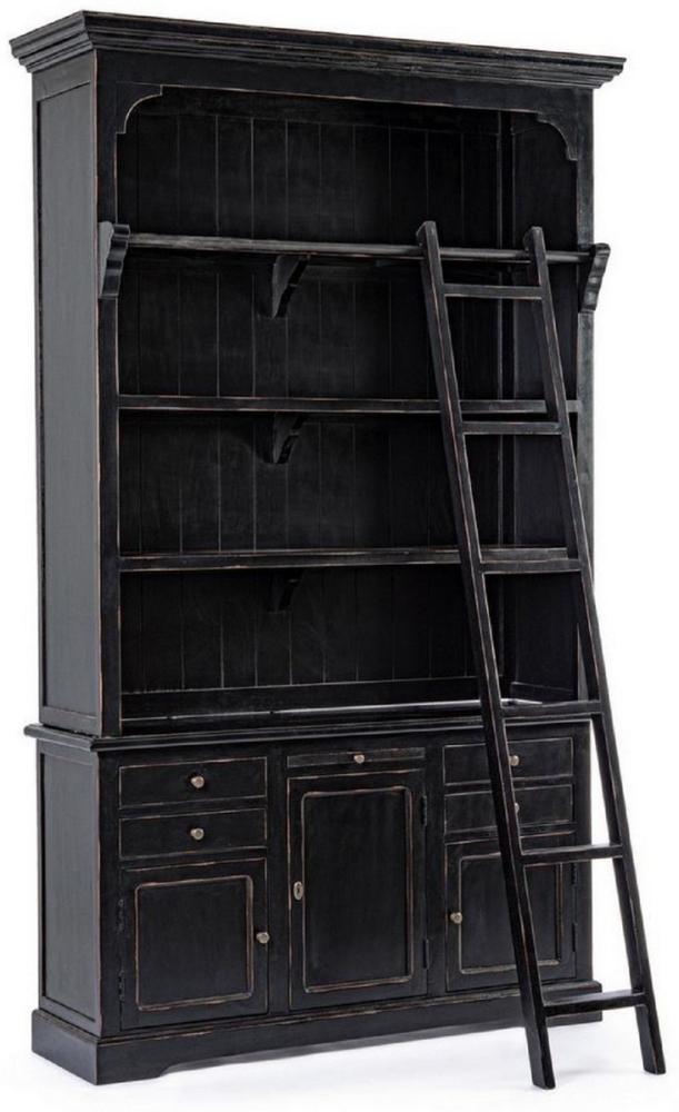 Casa Padrino Landhausstil Schrank mit Leiter Antik Schwarz 143,5 x 40,6 x H. 233,7 cm - Bücherschrank - Regalschrank - Wohnzimmerschrank - Büroschrank - Landhausstil Möbel Bild 1