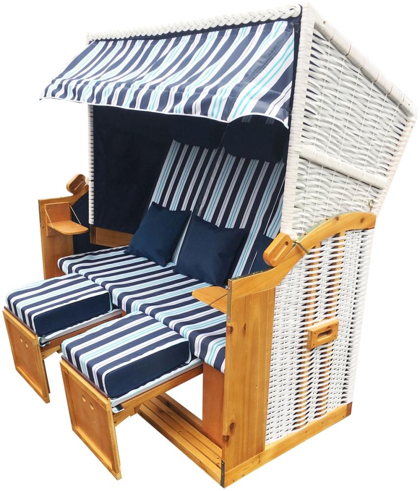 BRAST Strandkorb Ostsee 3-Sitzer 160cm breit Hellblau gestreift XXL Volllieger incl. Schutzhülle Gartenliege Sonneninsel Poly-Rattan Bild 1