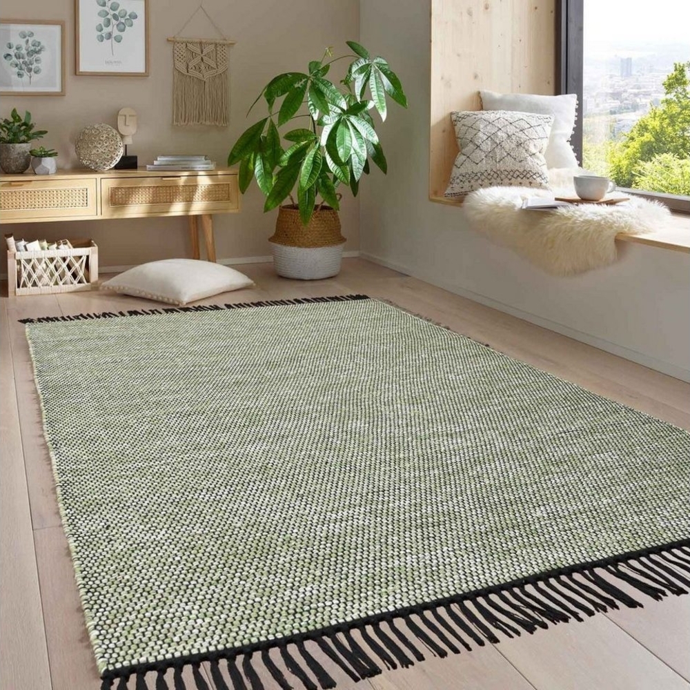 TaraCarpet Wollteppich Handwebteppich Borkum 100% Baumwolle, rechteckig, Höhe: 5 mm, gewebt Baumwolle grün nachhaltig modern Wohnzimmer Küche 200x290 cm Bild 1