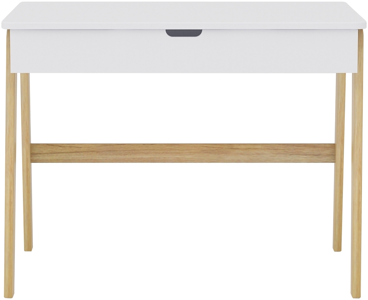 Schreibtisch 100 x 65 cm aus MDF Weiß mit Pinienholz Beinen und Schublade Bild 1