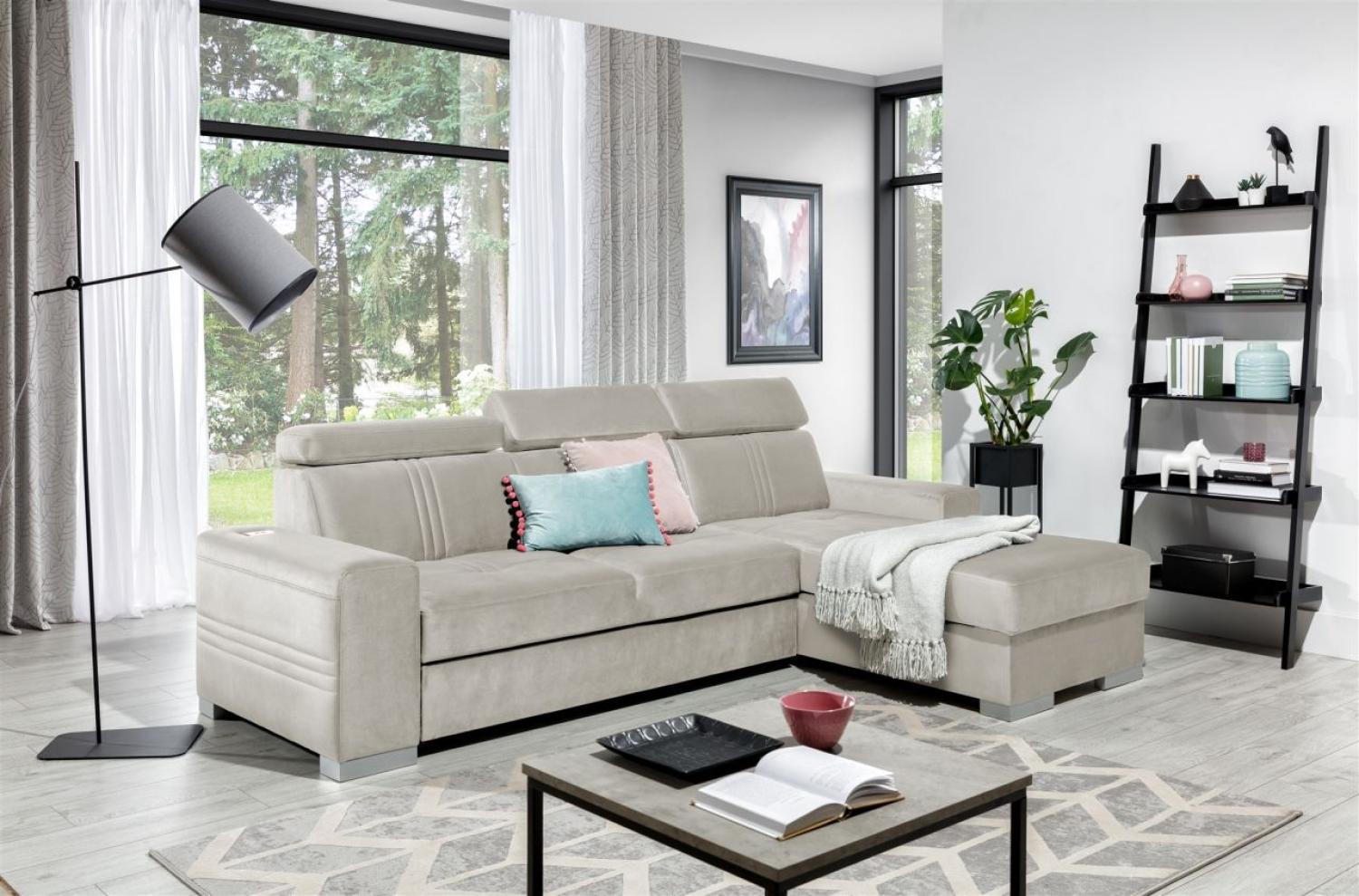 Ecksofa Schlafsofa NOLAN XS inkl. USB in Stoff Monolith Beige Ottomane Rechts Bild 1