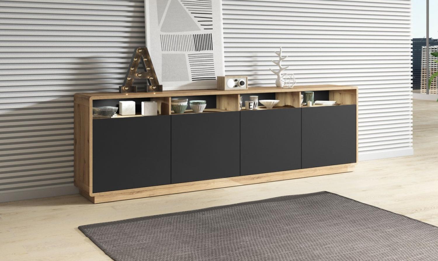 Sideboard Kommode Aston 238cm Taurus Eiche schwarz 4-türig Bild 1