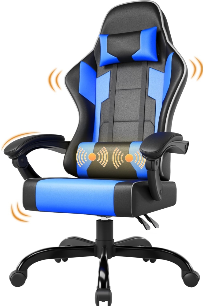 JUMMICO Massage Gaming Stuhl, Bürostuhl Ergonomisch mit Lendenwirbelstütze, Computerstühle Racing Bürostühle Gaming Sessel, Höhenverstellbar Liegestuhl Schreibtischstuhl 150kg Belastbarkeit, Blau Bild 1