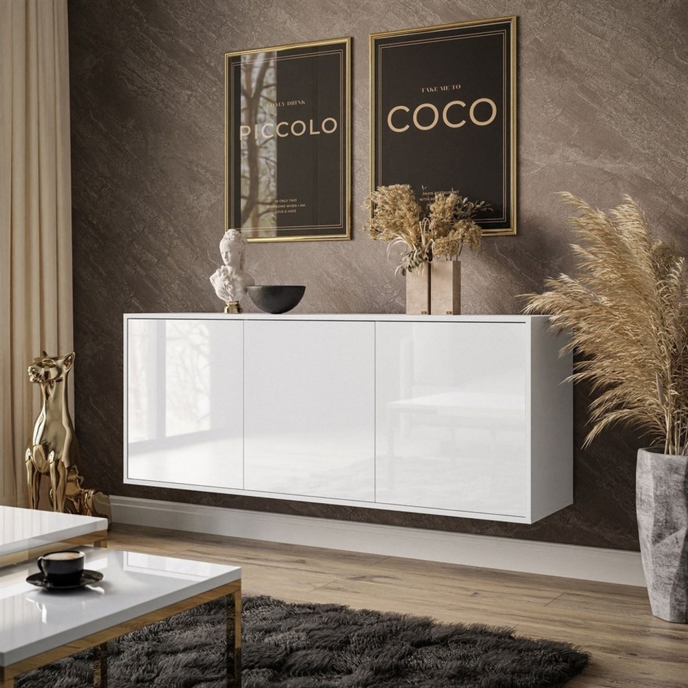 ALLHOUSE24 Kommode MANDY Dreitürige Kommode in Hochglanz Sideboard Kaschmir Weiß, Breite: 154 cm Bild 1