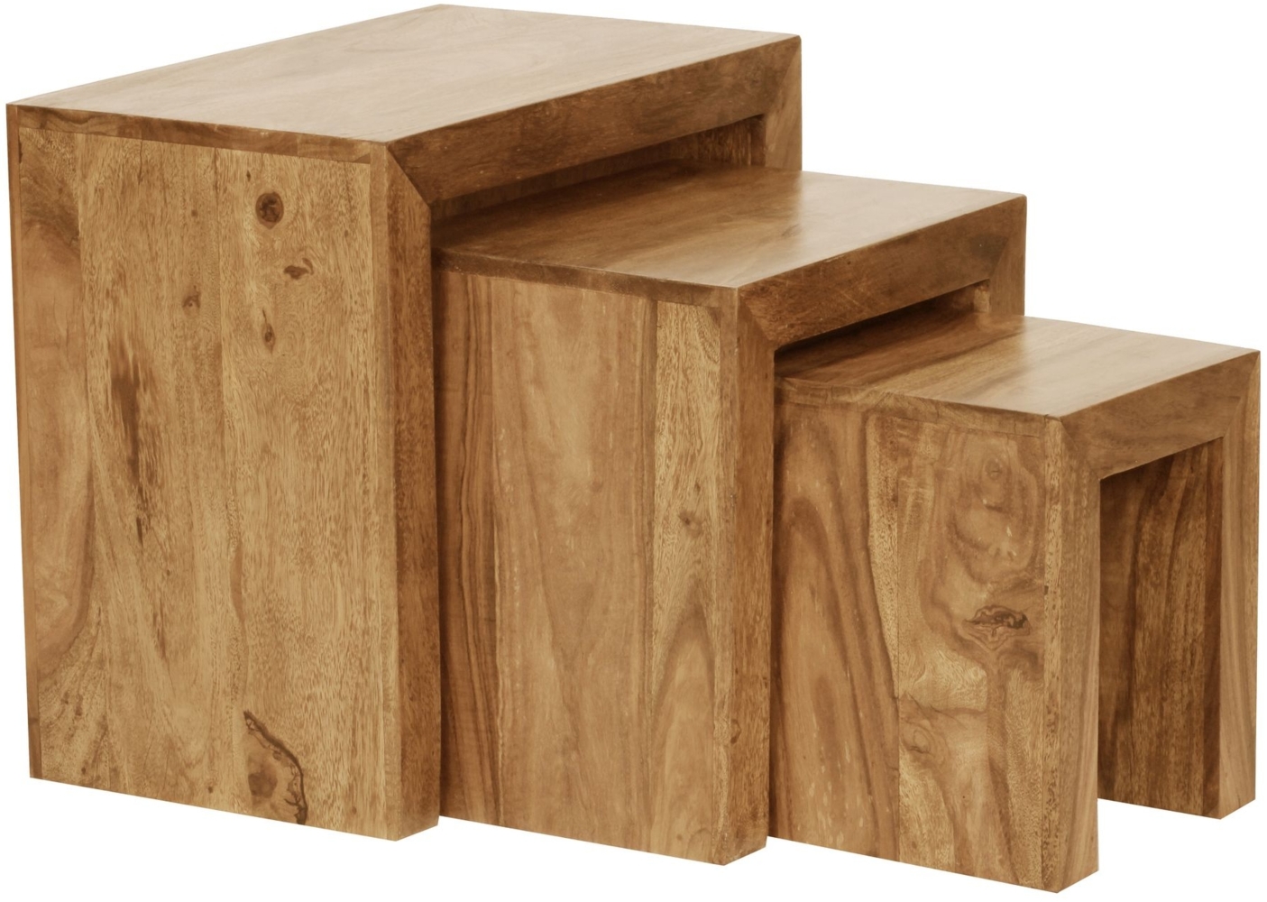 3er Set Satztisch MUMBAI Massiv-Holz Akazie Wohnzimmer-Tisch Landhaus-Stil Beistelltisch dunkel-braun Naturholz Bild 1