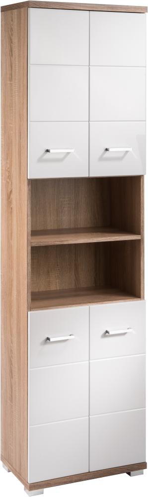 HOMEXPERTS Badezimmer-Hochschrank NUSA / Badschrank Sonoma Eiche, Türen Hochglanz weiß lackiert / Badezimmerschrank 4 Türen mit offenen Elementen & viel Stauraum / 50 x 31,5 x 192cm (BxTxH) Bild 1