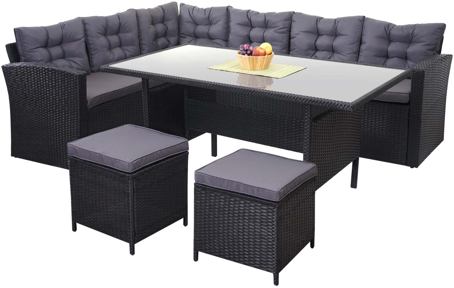 Poly-Rattan-Garnitur HWC-A29, Gartengarnitur Sitzgruppe Lounge-Esstisch-Set, schwarz ~ Kissen dunkelgrau, mit 2x Hocker Bild 1