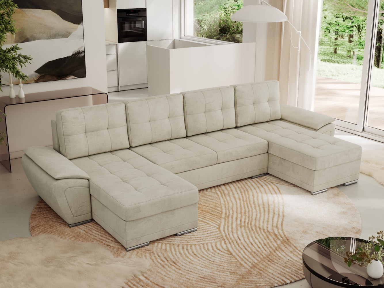 U-förmiges Ecksofa mit Schlaffunktion, genähter Sitz, zwei Armlehnen und losen Kissen - UMBRIA U - Beige Velours Bild 1