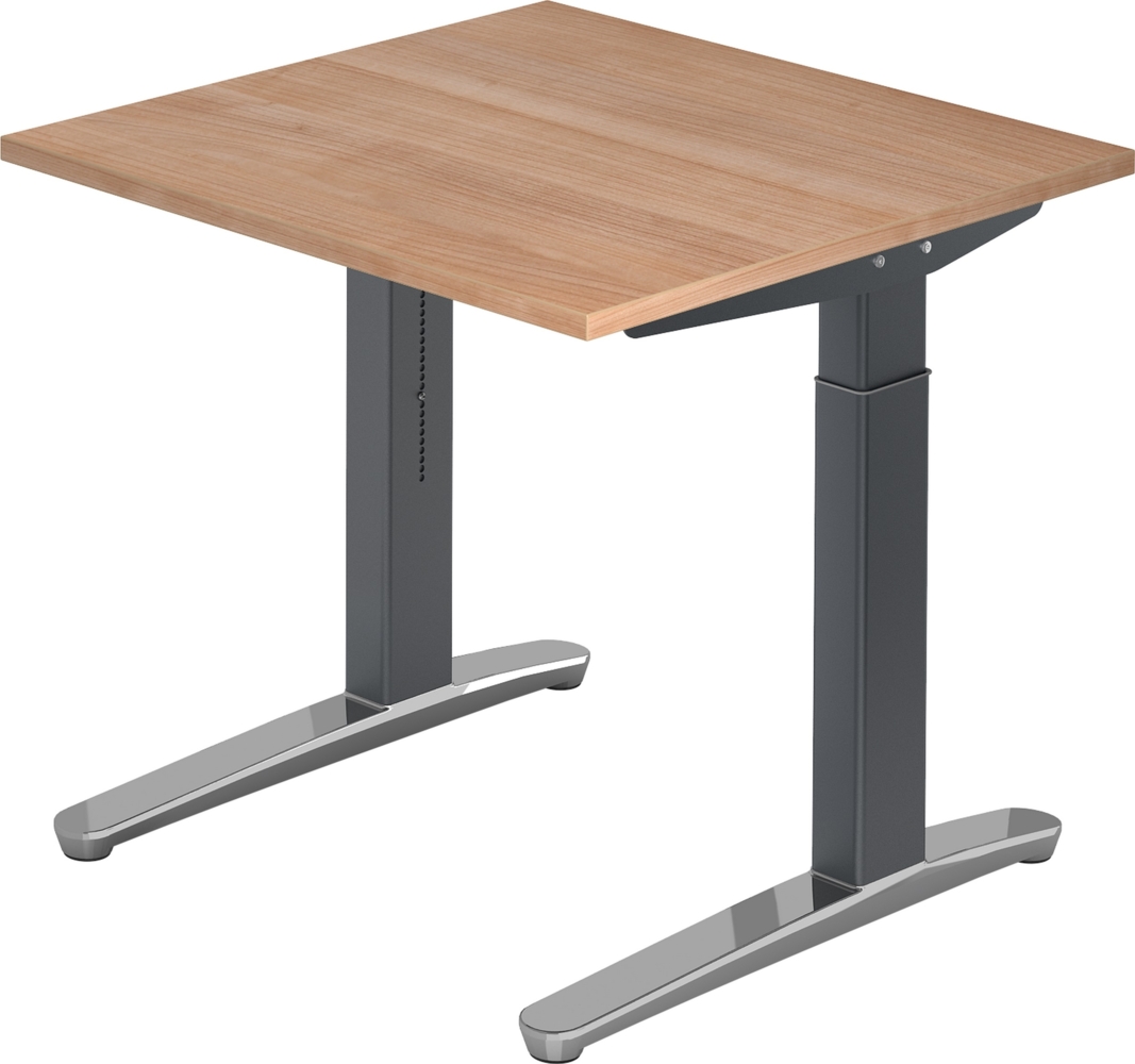 bümö manuell höhenverstellbarer Schreibtisch 80x80 in Nussbaum, Gestell in graphit/alu - PC Tisch höhenverstellbar & klein, höhenverstellbarer Tisch Büro, kleiner Computertisch verstellbar, X08-N-GC Bild 1