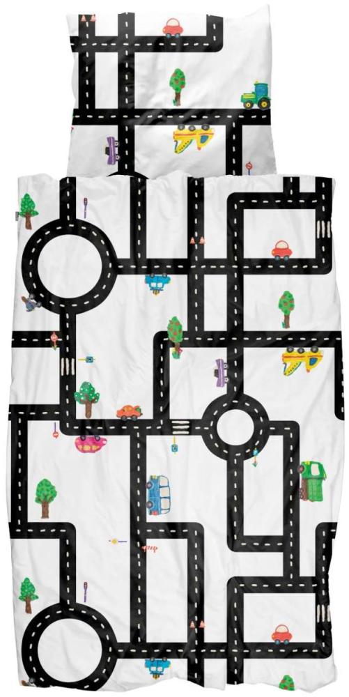 Snurk Bettwäsche Lehmverkehr Bunt Weiss Autos Spielstrasse Bäume Kinder Perkal 135 cm x 200 cm Bild 1