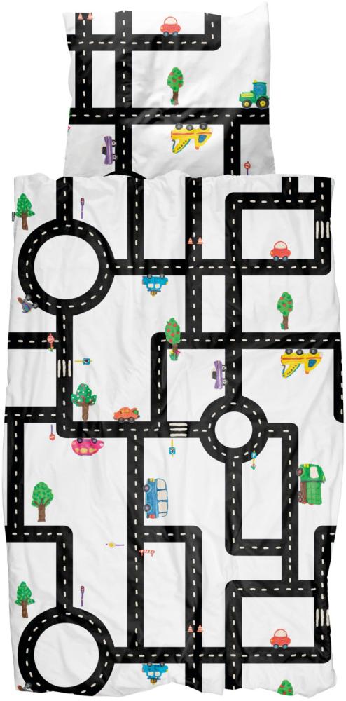 Snurk Bettwäsche Lehmverkehr Bunt Weiss Autos Spielstrasse Bäume Kinder Perkal 135x200 cm Bild 1