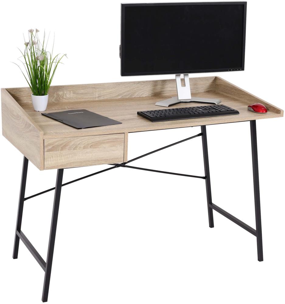 Schreibtisch HWC-J97, Bürotisch Computertisch, Schublade 3D-Struktur 98x114x60cm MVG-zertifiziert ~ Eiche-Optik Bild 1