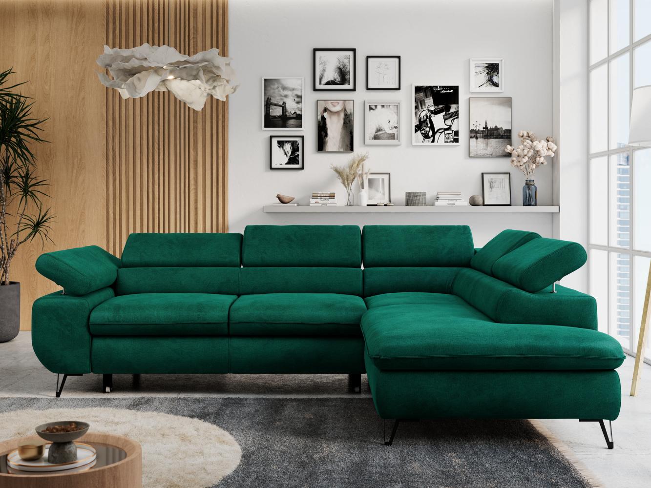 Ecksofa mit Bettfunktion, Modern Sofa, L-form, Einstellbare Kopfstützen, Bettkasten, PETER, 1x Ecksofa, 1x Topper, Dunkelgrün, Velours, rechts Bild 1